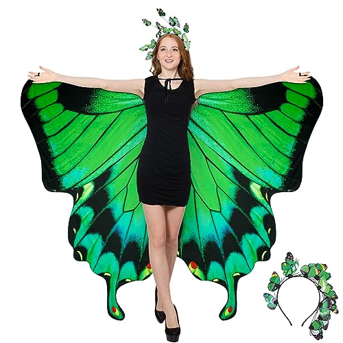 cosmisun Doppelseitiger Druck Schmetterlingsflügel Schal Kostüm und grünes Stirnband Set für Frauen Mädchen Grün Schwarz Fee Schmetterlingsflügel Umhang für Erwachsene Foto Requisite Geschenk für von cosmisun