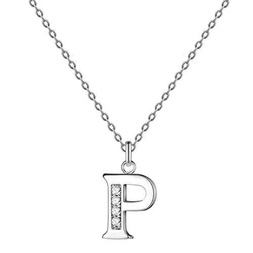 cotigo - Buchstaben-Halskette aus Edelstahl mit funkelndem Zirkonia-Stein - Damen-Halskette mit Buchstaben-Anhänger A-Z - Initialen-Anhänger - Geschenk für Damen, Muttertag, Jahrestag (P - Versilbert) von Cotigo