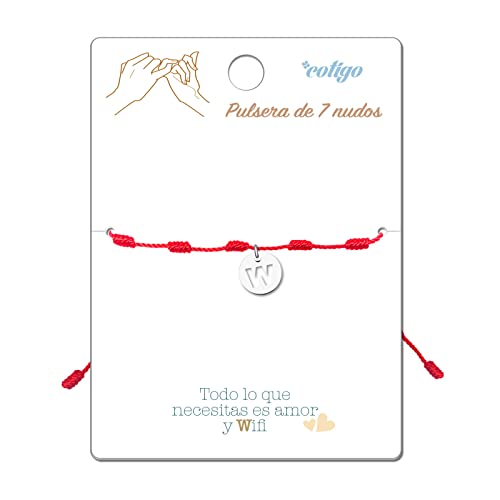cotigo Armband 7 rote Knoten mit Anfangsbuchstaben A Z Edelstahl-Glücksbringer und Schutz-Armband für Paare und Freundschaft-Verstellbarer Schmuck (W - Silber) von cotigo