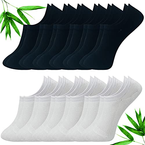 cotigo Kurze Socken aus Bambusfaser, 12 Paar, atmungsaktiv und geruchshemmend, unsichtbare Socken mit rutschfestem Silikon – Söckchen für Damen oder Herren (35–40, Schwarz und Weiß) von cotigo