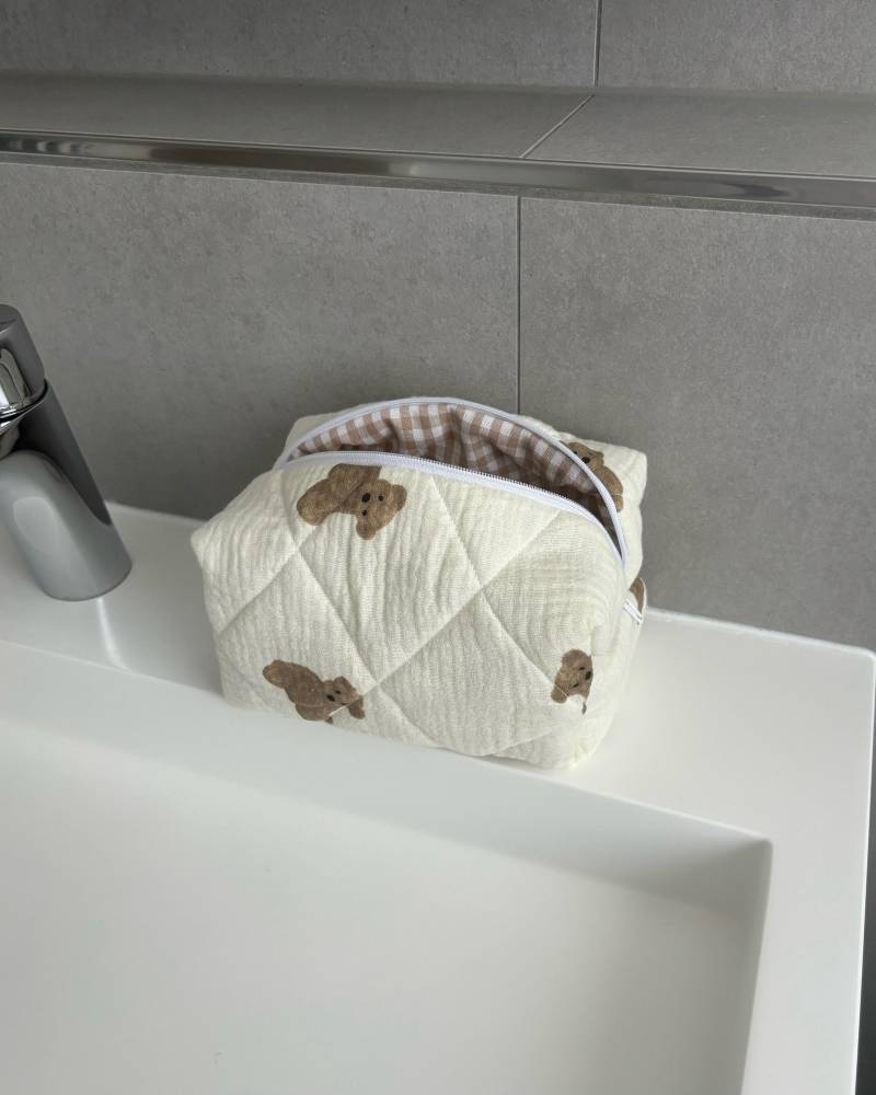Handgemachte Kosmetiktasche Mit Teddybären Schminktasche Braun Kariert & Gesteppt Make-Up-Tasche Nécessaire Mäppchen Geschenk Für Sie von cottoncloudstudioDE