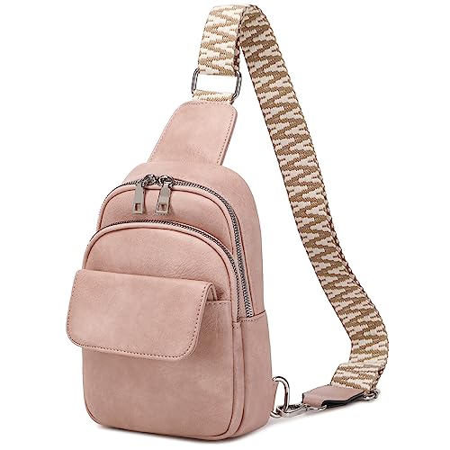 cotwoco Bauchtasche Sling Bag Damen Crossbody Umhängetasche Damen Klein Schultertasche Leder Brusttasche Stylisch Rucksack Unisex Gürteltasche für Reisen, Einkaufen, Breiter Gurt Rosa von cotwoco