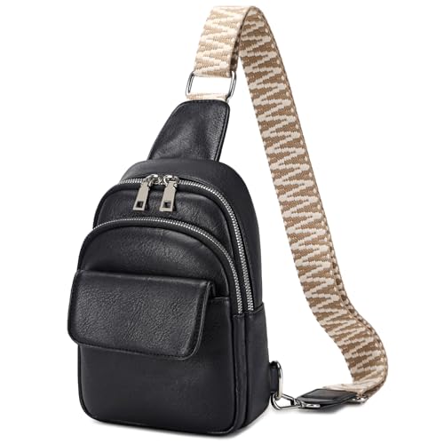 cotwoco Bauchtasche Damen Crossbody Umhängetasche Klein Schultertasche Damen Leder Brusttasche Stylisch Sling Bag Gürteltasche Moderne Taschen Rucksack Unisex für Sport/Reisen/Einkaufen Schwarz von cotwoco