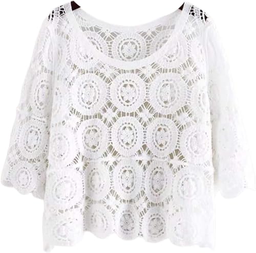 Damen Sommer 3/4 Ärmel Häkel-T-Shirt Strick Blumenmuster Pullover Top Strand Bluse Cover Up, weiß, OneSize von courti