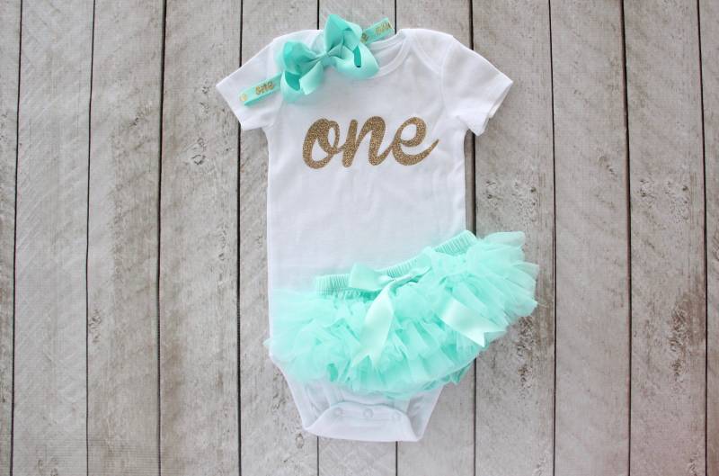 Erster Geburtstag Gold Glitzer "One" Body, Tütü Bloomer & Schleife Stirnband Set in Aqua - 1. Outfit Cake Smash Baby Mädchen Geschenk von coutureflower