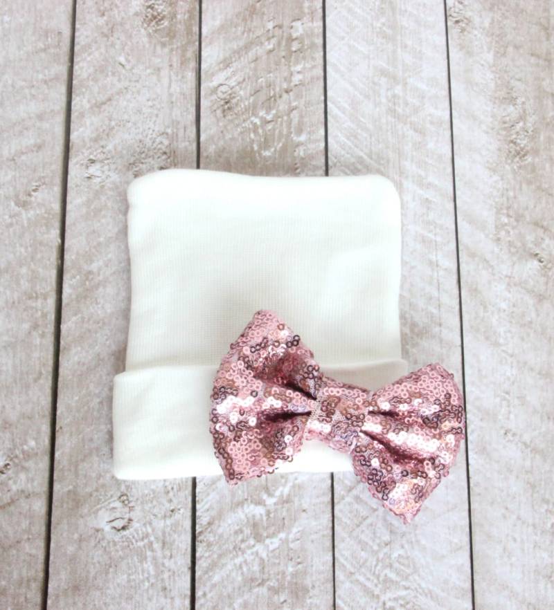 Neugeborenen Krankenhaus Mütze Mit Rosa Pailletten Schleife - Baby Mädchen Säugling Beanie Fotos Funkelnde von coutureflower