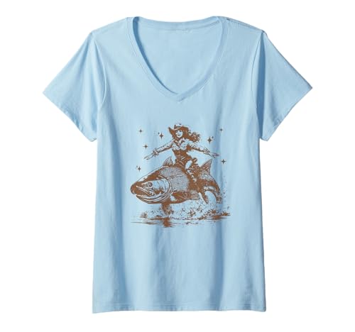 Damen Cowgirl reiten einen Fisch Tattoo Vintage T-Shirt mit V-Ausschnitt Damen Cowgirl reiten einen Fisch Tattoo Vintage T-Shirt mit V-Ausschnitt von cowgirl riding a fish tattoo vintage t-shirt