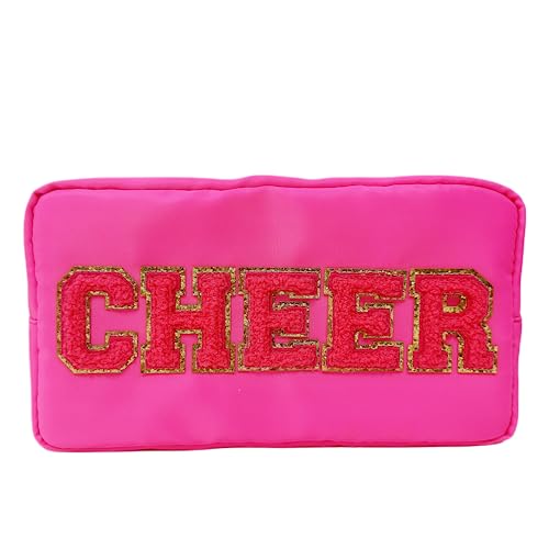 cqoogrlx Make-up-Tasche mit Brief-Aufnäher, Chenille, Glitzer, Varsity-Buchstaben, Reißverschluss, Kulturbeutel, Reisen, Strand, Sommer, Pooltasche, Mädchen (Strand-Sandy), Cheer-Hot Pink von cqoogrlx