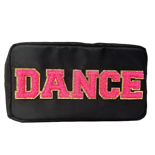 cqoogrlx Make-up-Tasche mit Brief-Aufnäher, Chenille, Glitzer, Varsity-Buchstaben, Reißverschluss, Kulturbeutel, Reisen, Strand, Sommer, Pooltasche, Mädchen (Strand-Sandy), Dance-Black von cqoogrlx