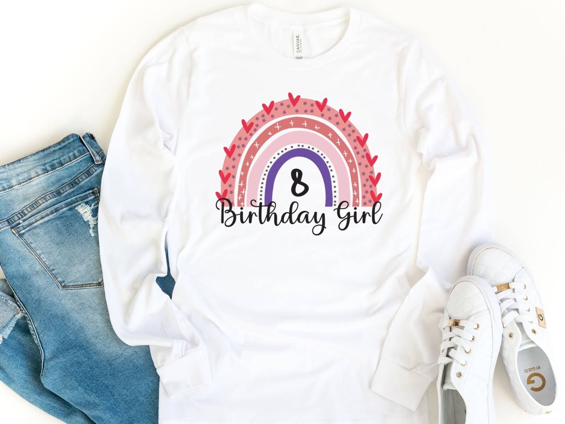 8 Geburtstag Mädchen Langarm Shirt, 8. Achtes Geburtstagsgeschenk, Regenbogen Thema Geburtstagsparty Shirt von craftgatedesign