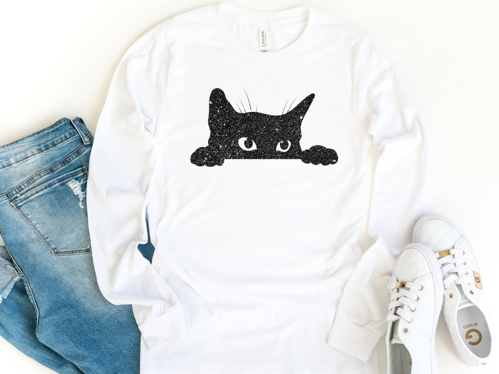 Glitter Katze Silhouette Langarm, Langarm-Shirt, Katzen-Liebhaber, Süße Katze, Geschenk Für Kätzchen Shirt von craftgatedesign