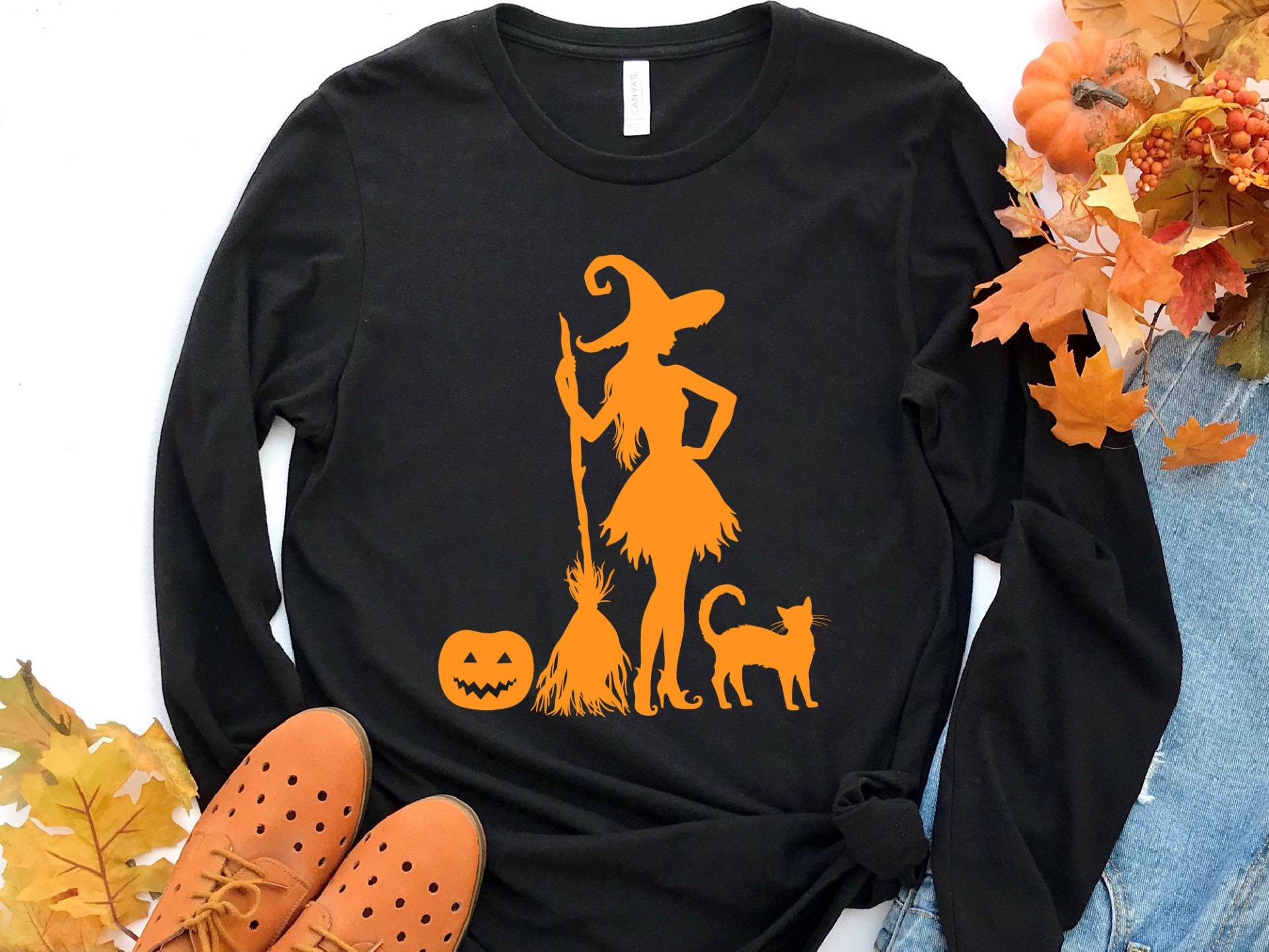 Halloween Kürbis Katze Hexe Langarm Shirt, Shirt von craftgatedesign