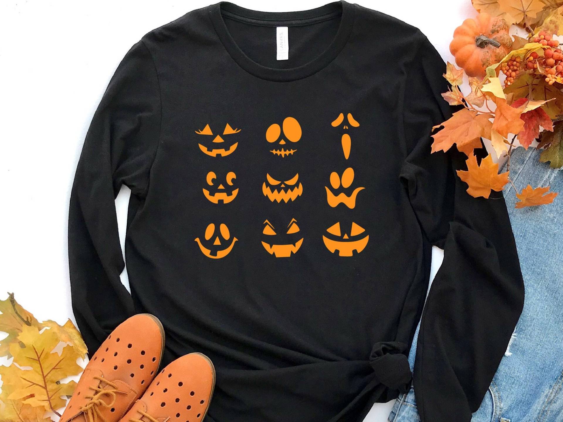 Kürbis Gesicht Langarm Shirt, Halloween Geschenk, Shirts, T-Shirt, Familie von craftgatedesign