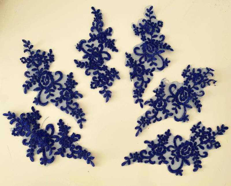 Royalblaue Florale Spitzenapplikation - Besticktes Tüllmotiv | 6 Stück von craftuneed
