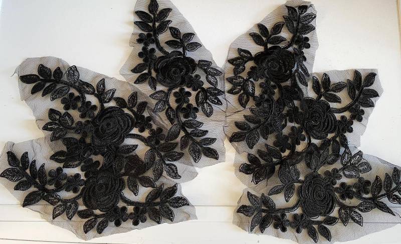 Schwarze Florale Spitzenapplikation - Besticktes Tüll-Blumenmotiv | 6 Stück von craftuneed