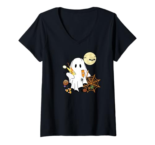 Damen Lustiger gruseliger Halloween-Geist Zahnarzt Dentalhygieniker T-Shirt mit V-Ausschnitt von cranberrysky retro