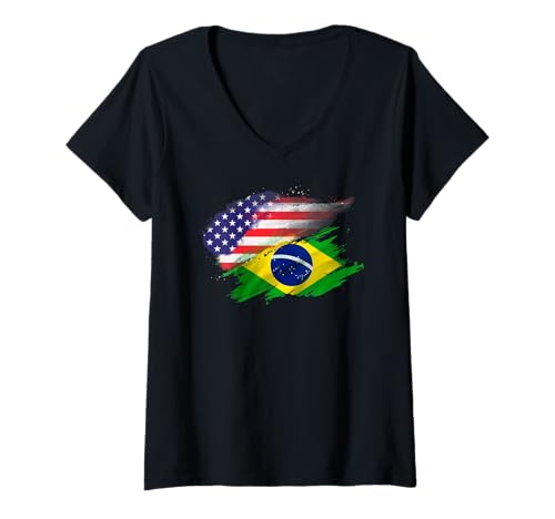 Damen Vereinigte Staaten Amerika Brasilien Brasilianische Amerikanische Hybridflagge T-Shirt mit V-Ausschnitt von cranberrysky retro