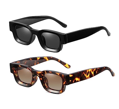 crazy bean 2 Stück Sonnenbrille Vintage Rechteckige Damen Herren Sonnenbrillen 90er Retro Mode Schutz UV 400 Schwarz+Leopard von crazy bean