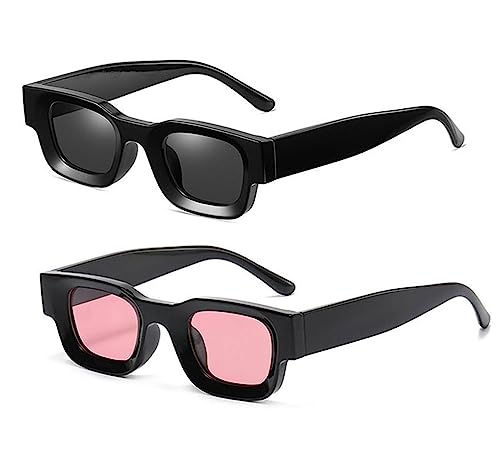 crazy bean 2 Stück Sonnenbrille Vintage Rechteckige Damen Herren Sonnenbrillen 90er Retro Mode Schutz UV 400 Schwarz+Rosa von crazy bean