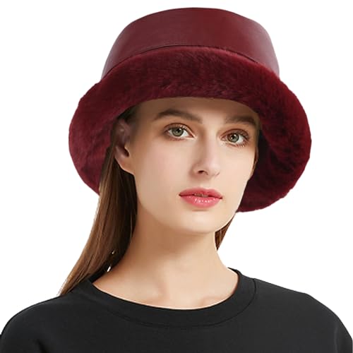 crazy bean Fischerhut PU-Leder Unisex Winter Warme Anglerhut Elegant für Damen und Herren Fuzzy Bucket Hat Eimer Hut Flauschig 56-58cm(Burgunderrot) von crazy bean