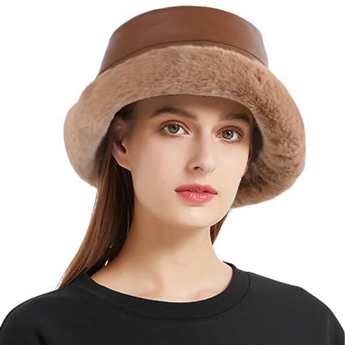 crazy bean Fischerhut PU-Leder Unisex Winter Warme Anglerhut Elegant für Damen und Herren Fuzzy Bucket Hat Eimer Hut Flauschig 56-58cm (Braun) von crazy bean