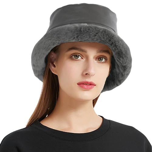 crazy bean Fischerhut PU-Leder Unisex Winter Warme Anglerhut Elegant für Damen und Herren Fuzzy Bucket Hat Eimer Hut Flauschig 56-58cm (Grau) von crazy bean