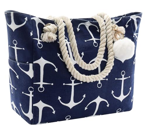 crazy bean Handtasche Strandtasche mit Reißverschluss Umhängetasche Shopper Groß für Laptoptasche Streifen Tote Bag xxl Familie Canvas Tasche Damen Herren Saunatasche,Blau Anker von crazy bean