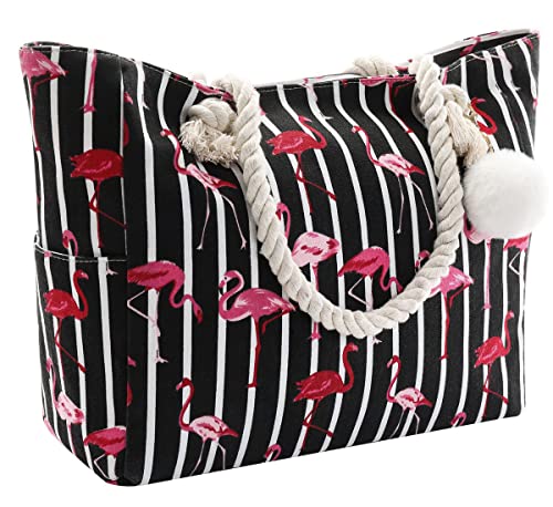 crazy bean Handtasche Strandtasche mit Reißverschluss Umhängetasche Shopper Groß für Laptoptasche Streifen Tote Bag xxl Familie Canvas Tasche Damen Herren Saunatasche,Flamingos von crazy bean