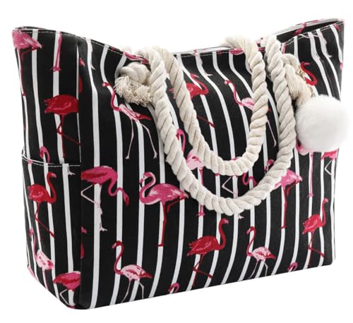 crazy bean Handtasche Strandtasche mit Reißverschluss Umhängetasche Shopper Groß für Laptoptasche Streifen Tote Bag xxl Familie Canvas Tasche Damen Herren Saunatasche,Flamingos von crazy bean
