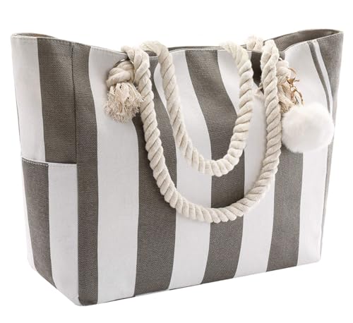 crazy bean Handtasche Strandtasche mit Reißverschluss Umhängetasche Shopper Groß für Laptoptasche Streifen Tote Bag xxl Familie Canvas Tasche Damen Herren Saunatasche,Grüner Streifen von crazy bean