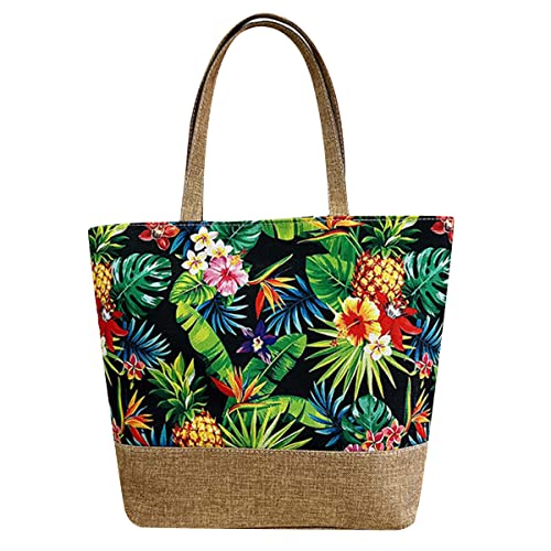 crazy bean Große Strandtasche Drucke mit Reißverschluss Shopper Tasche Damen Tote Bag Reisen Einkaufen Alltag Blaue und Grüne Ananas Einheitsgröße von crazy bean