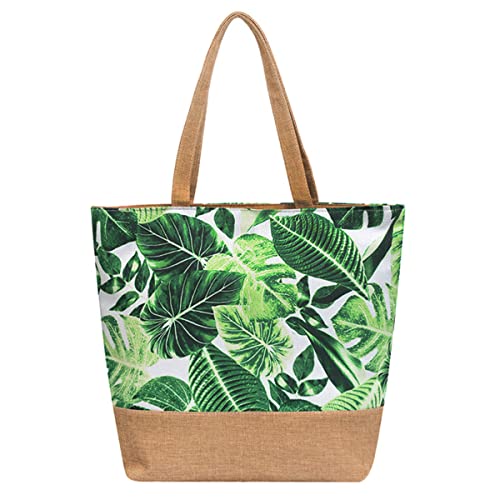 crazy bean Große Strandtasche Drucke mit Reißverschluss Shopper Tasche Damen Tote Bag Reisen Einkaufen Alltag Grüne Blätter Einheitsgröße von crazy bean