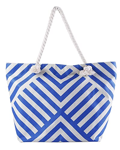 crazy bean Große Strandtasche mit Reißverschluss Damen Badetasche für Reisen Sommer Shopper Schultertasche Beach Tote Bag（Blaue Weiße Streifen） von crazy bean