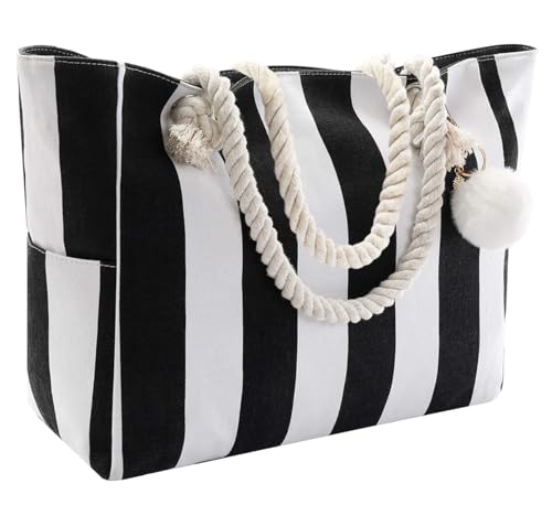 crazy bean Handtasche Strandtasche mit Reißverschluss Umhängetasche Shopper Groß für Laptoptasche Streifen Tote Bag xxl Familie Canvas Tasche Damen Herren Saunatasche,Schwarzer Streifen von crazy bean