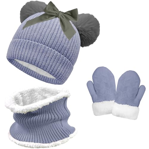 crazy bean Mütze schlauchschal und Handschuhe Strick Set für Jungen Mädchen Wintermütze Bommelmütze mit Pompom Erstlingsmütze Halswärmer Loop Schal Kinder Warm Fäustling Grau von crazy bean