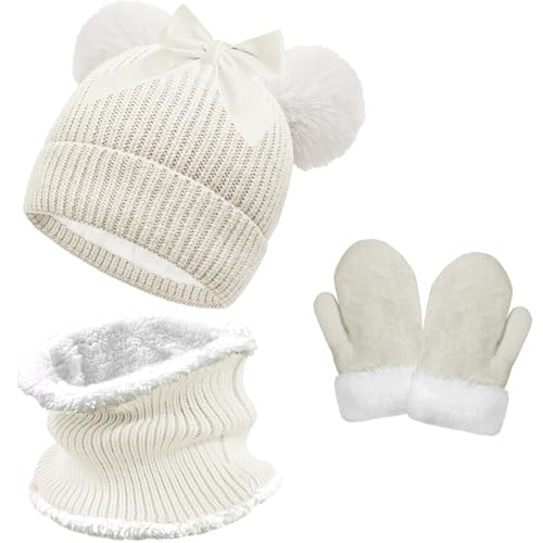 crazy bean Mütze schlauchschal und Handschuhe Strick Set für Jungen Mädchen Wintermütze Bommelmütze mit Pompom Erstlingsmütze Halswärmer Loop Schal Kinder Warm Fäustling Weiß von crazy bean