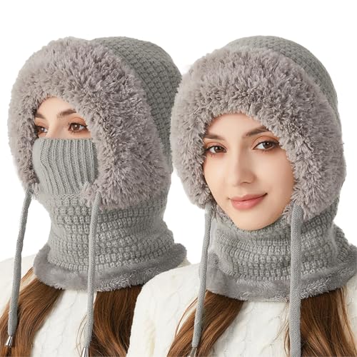 crazy bean Plüsch Sturmhaube Mütze Damen Winter Warme Kapuzen Schal Damen Winddichte Mütze Kälteschutz Skimütze Beanie Wintermützen für Mountaineering Skiing Motorradfahren Winddicht Gesichtshaube von crazy bean