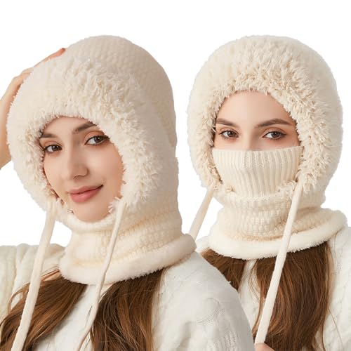 crazy bean Plüsch Sturmhaube Mütze Damen Winter Warme Kapuzen Schal Damen Winddichte Mütze Kälteschutz Skimütze Beanie Wintermützen für Mountaineering Skiing Motorradfahren Winddicht Gesichtshaube von crazy bean