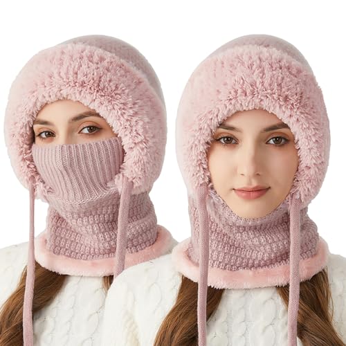 crazy bean Plüsch Sturmhaube Mütze Damen Winter Warme Kapuzen Schal Damen Winddichte Mütze Kälteschutz Skimütze Beanie Wintermützen für Mountaineering Skiing Motorradfahren Winddicht Gesichtshaube von crazy bean