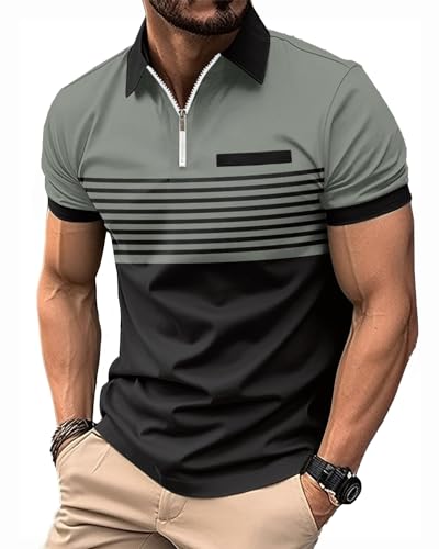 crazy bean Poloshirt Kurzarm Herren mit Zipper Sommer Shirt Polohemd Streifen Polo für Männer Muscle Fit Tops mit Fake-Brusttasche Polo Pullover Arbeits T Shirt Golf Tennis,grau + schwarz,3XL von crazy bean