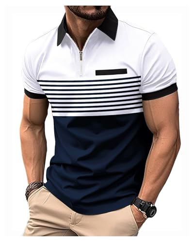crazy bean Poloshirt Kurzarm Herren mit Zipper Sommer Shirt Polohemd Streifen Polo für Männer Muscle Fit Tops mit Fake-Brusttasche Polo Pullover Arbeits T Shirt Golf Tennis,weiß + Marineblau,L von crazy bean