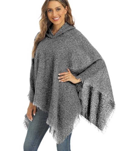 crazy bean Poncho Damen mit Kapuze mit Fransen Cape Damen Winter Warm Winddichte V-Ausschnitt Poncho Schal Pullover Mantel Elegant Dunkelgrau von crazy bean