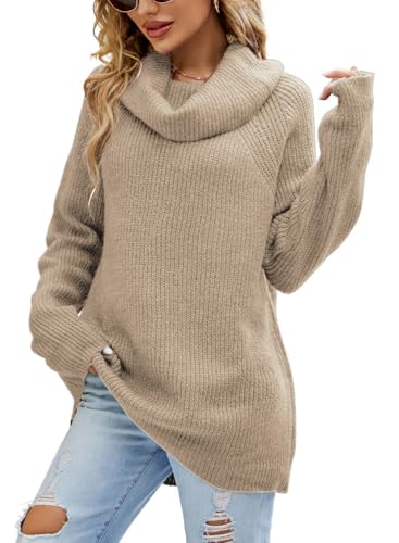 crazy bean Pullover Damen Rollkragenpullover Langarm Winter Sweater Longshirt Oberteile Damen Dicke Strickpullover Lose Grobstrick Zopfmuster Khaki von crazy bean