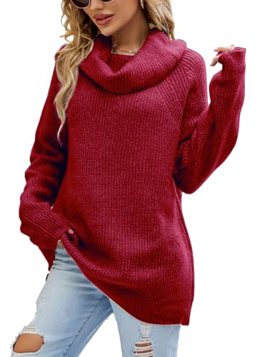crazy bean Pullover Damen Rollkragenpullover Langarm Winter Sweater Longshirt Oberteile Damen Dicke Strickpullover Lose Grobstrick Zopfmuster Rosa von crazy bean