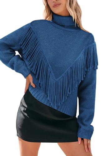crazy bean Pullover Damen Rollkragenpullover mit Fransen Sweater Knit Strickpullover Langarm Winter Fledermausärmel Pullover Tops Damen Blau von crazy bean