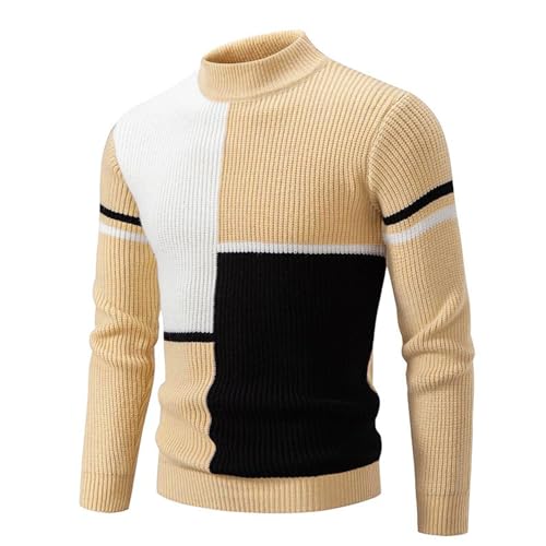 crazy bean Pullover Winter Patchwork Sweatshirts für Herren Leichter Warm Strickpullover Mens Sweater Langarm mit Kragen Männer Mode Fit Khaki L von crazy bean