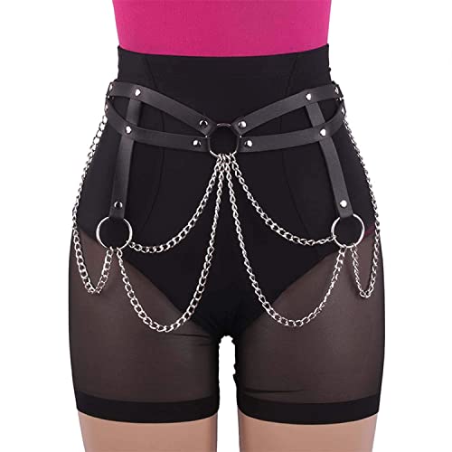 Crazy Bean Punk KettengüRtel Taille KöRperkette GüRtel Schwarz Leder Taillenkette GüRtel Verstellbare TaillengüRtel füR Rock Rave Damen MäDchen（D） von crazy bean