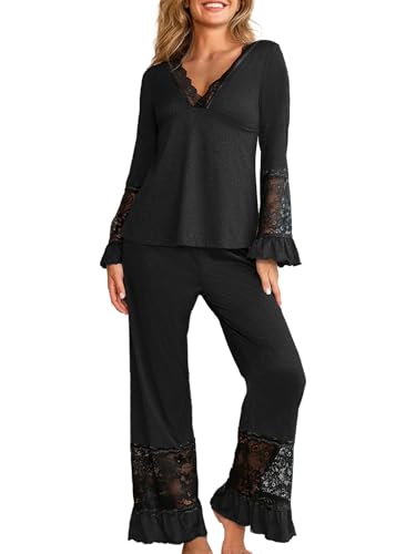 crazy bean Schlafanzug Damen Lang Pyjama Set mit Spitze Nachtwäsche V-Ausschnitt Zweiteiler mit Puffärmeln Langarm Oberteil und Hose Elegant Weiche von crazy bean