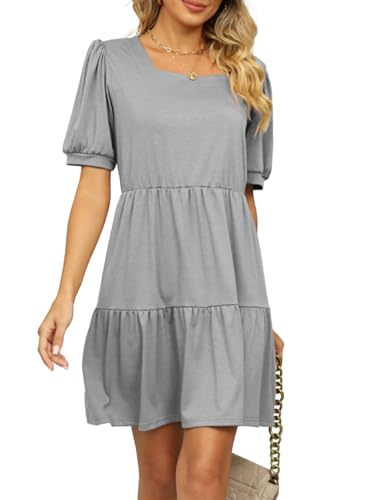 crazy bean Sommerkleid Damen mit Puffärmeln Minikleid Puffärmel Viereckiger Ausschnitt Schicke Sommerkleider Kurz Cocktailkleider Elegant Leicht und Luftig Grau von crazy bean