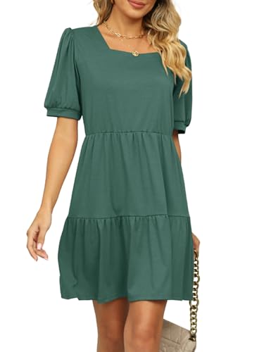 crazy bean Sommerkleid Damen mit Puffärmeln Minikleid Puffärmel Viereckiger Ausschnitt Schicke Sommerkleider Kurz Cocktailkleider Elegant Leicht und Luftig Grün von crazy bean